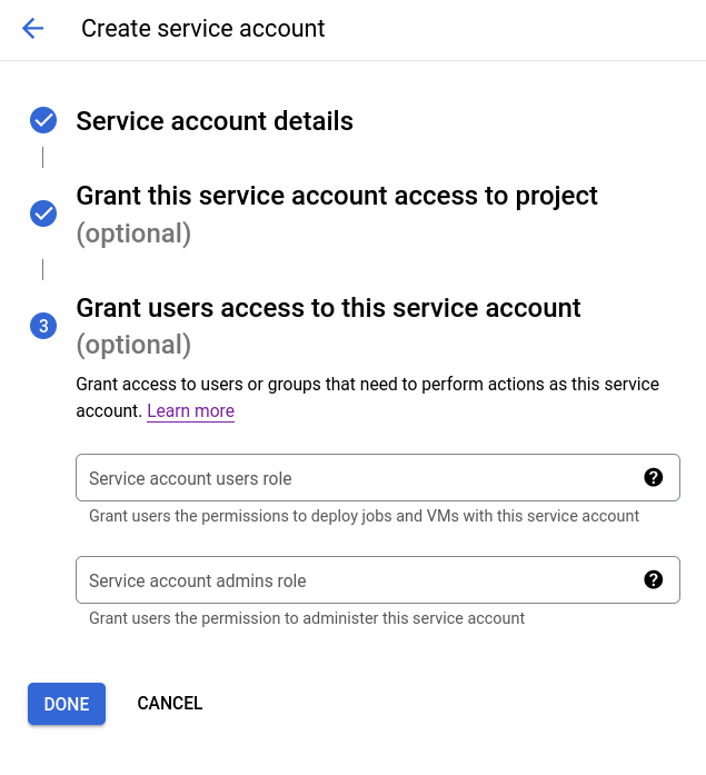 GCS에서 새 서비스 계정의 추가 설정 구성