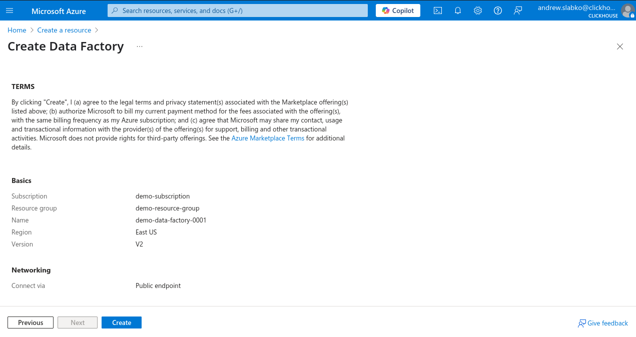 Azure Portal 새 Data Factory 확인