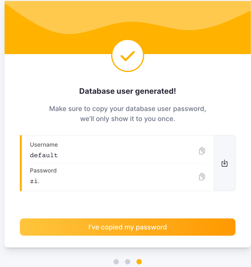 사용자 이름과 비밀번호를 보여 주는 ClickHouse Cloud 자격 증명 화면