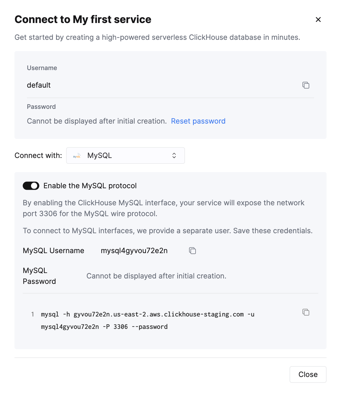MySQL 인터페이스가 활성화된 상태에서 연결 세부 정보를 보여주는 ClickHouse Cloud 연결 화면