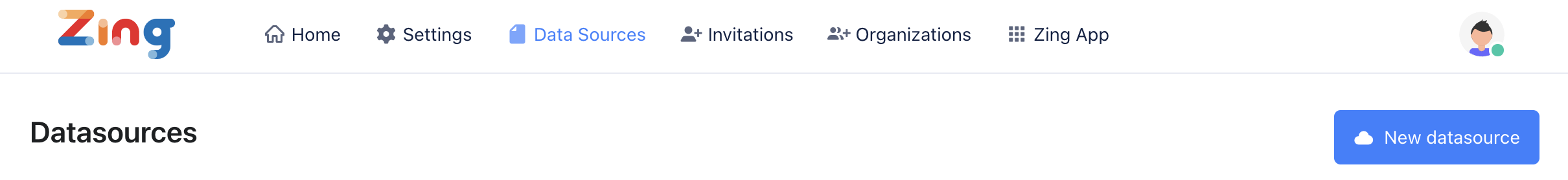 드롭다운 메뉴에서 New Datasource 버튼과 ClickHouse 옵션이 표시된 Zing Data 인터페이스